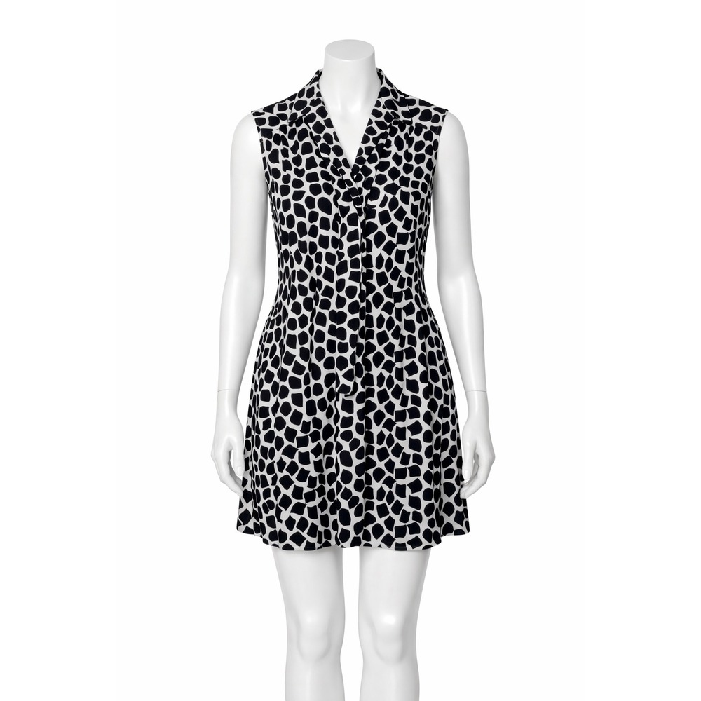 CeCe Tie Neck Shift Dress Women 10 Black White Geometric Print Sleeveless - Picture 1 of 8